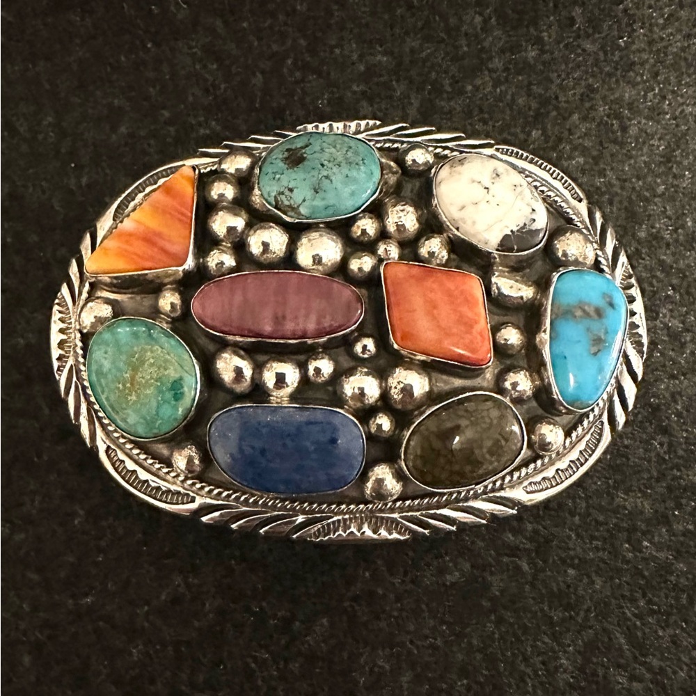 Navajo Sterling Silver Turquoise Belt Buckle Mixed with other Natural Stones￼ ￼